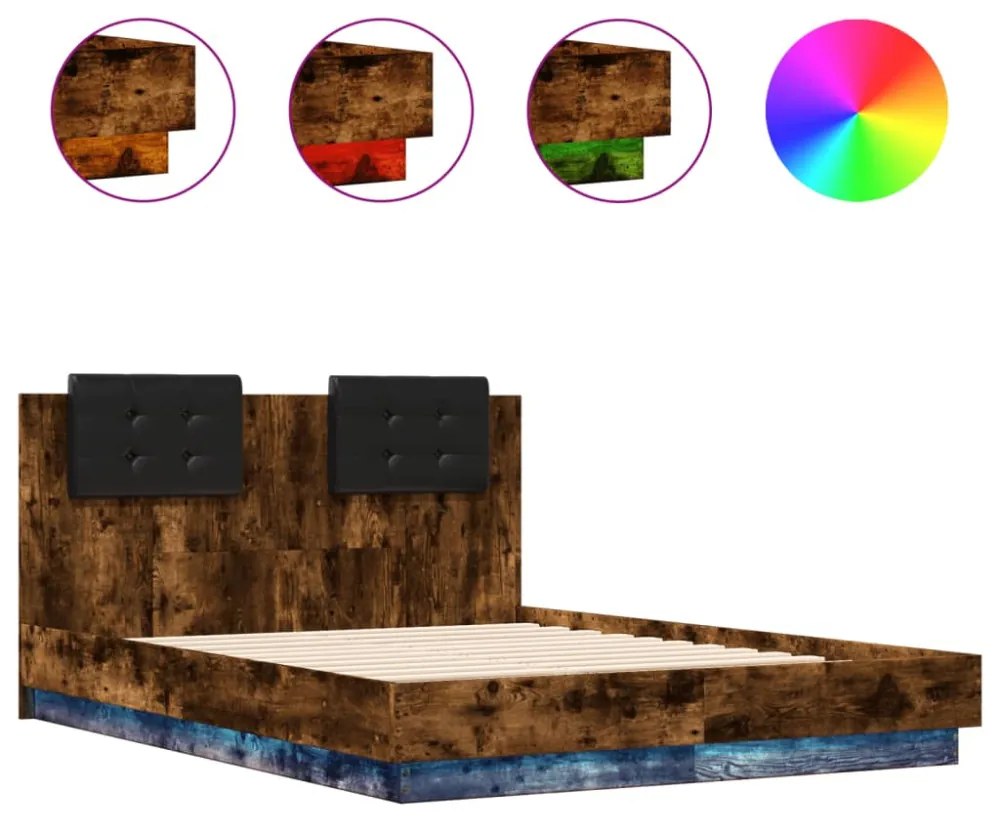 füstös tölgy színű ágykeret fejtámlával és LED-ekkel 120x190 cm