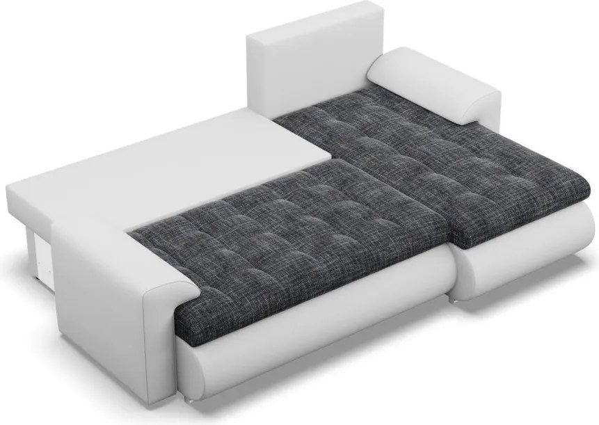 Tokio sarokkanapé, 2 ágyneműtartóval, fonott + műbőr, jobboldali, sötétszürke - fehér
