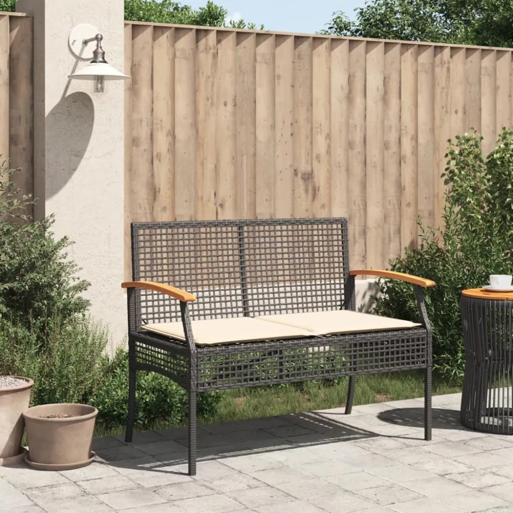 fekete polyrattan és akácfa kerti pad párnával