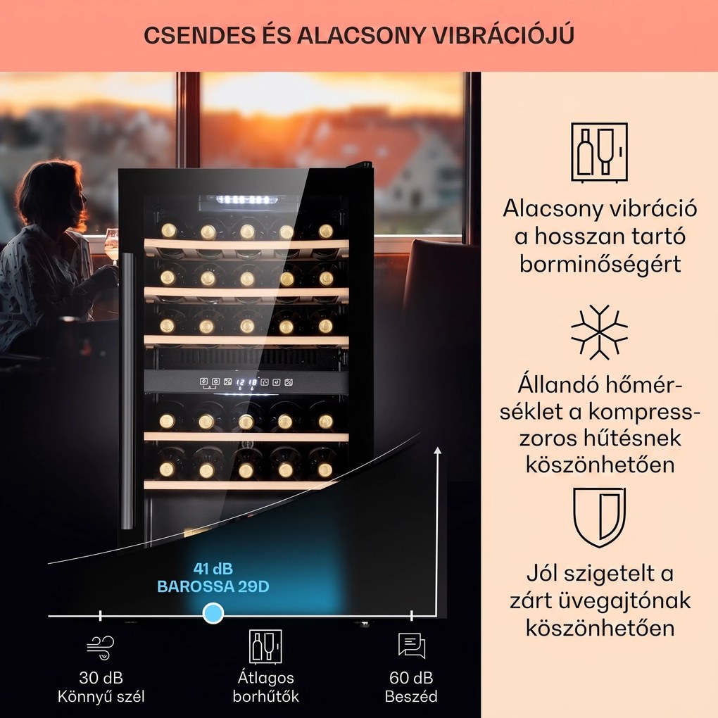 Klarstein Barossa 29 Duo, borhűtő, 80 liter, 29 palack, 2 zóna, gombos vezérlés
