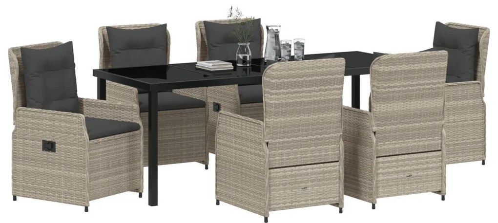 7 Darabos Kerti Étkezőszett Világosszürke Polirattan, Kerti Asztal Fekete 200x80x73 cm Edzett Üveg
