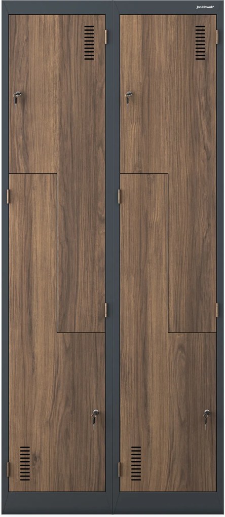 L típusú, négyrekeszes szociális ruhaszekrény, antracit/dió, 800x1850x450 mm: JULIA Eco Design
