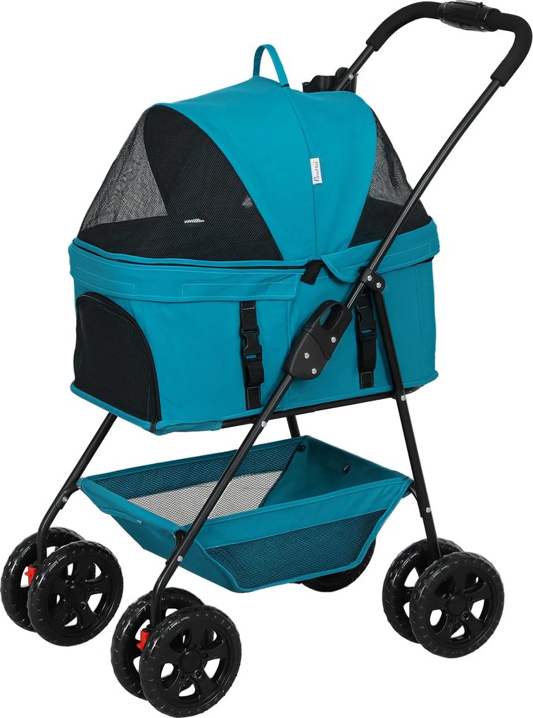 PawHut Kutya Sportkocsi 3 az 1-ben - Összecsukható Kutya és Macska Kocsi 4 kg-ig - Macska Sportkocsi Párnával - Türkiz | Aosom