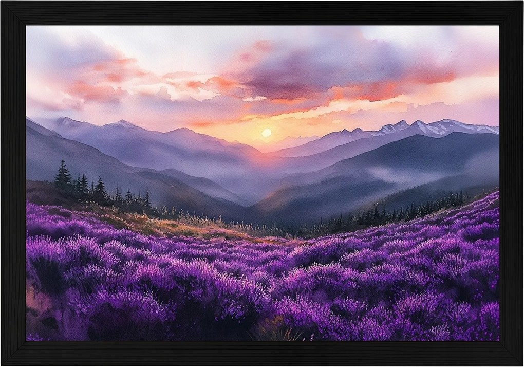 Poszter Keret Fa Tájkép Hegyek Panoráma Virágok Láp 60x40