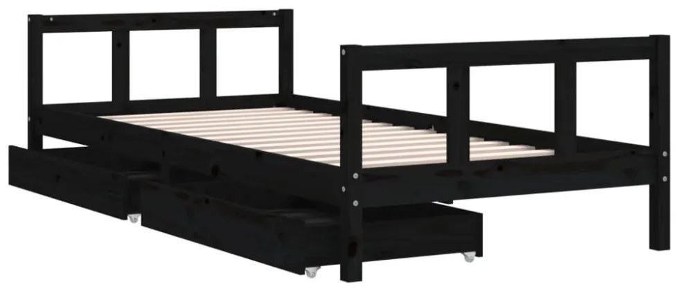 fekete tömör fenyőfa gyerekágykeret fiókokkal 90 x 200 cm
