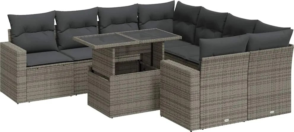 vidaXL 9 részes szürke polyrattan kerti ülőgarnitúra párnákkal