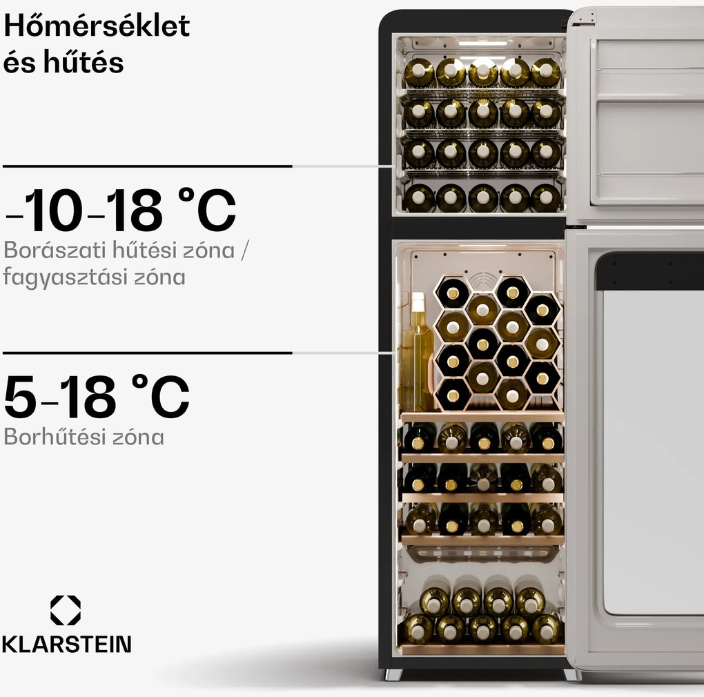 Klarstein Shirley Wine Cooler + Freezer, 2-in-1-Gerät, Vintage, 2 Kühlzonen, 60 Flaschen