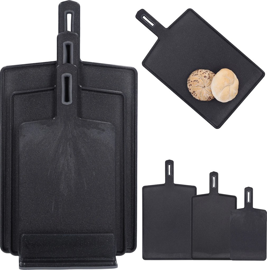 3 db-os vágódeszka szett állványon fekete műanyag konyhai vágódeszka