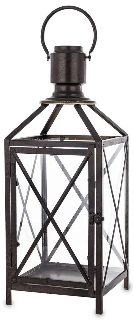 Vékony fémhálós üvegezett szögletes kúpos fekete fém lámpás lantern fogantyúval 64x22x21cm