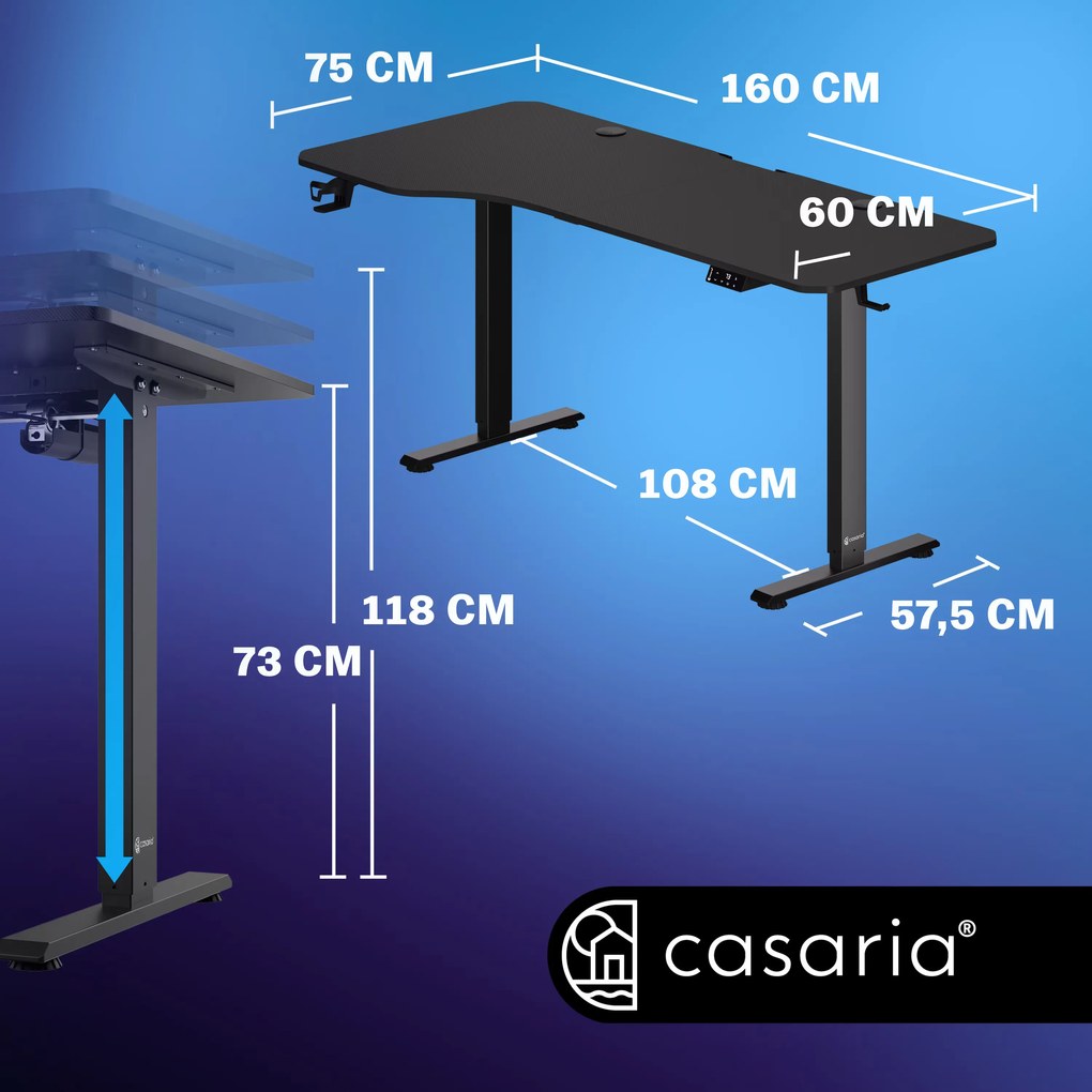 Casaria® Állítható magasságú irodai íróasztal fekete-160x75x118 cm