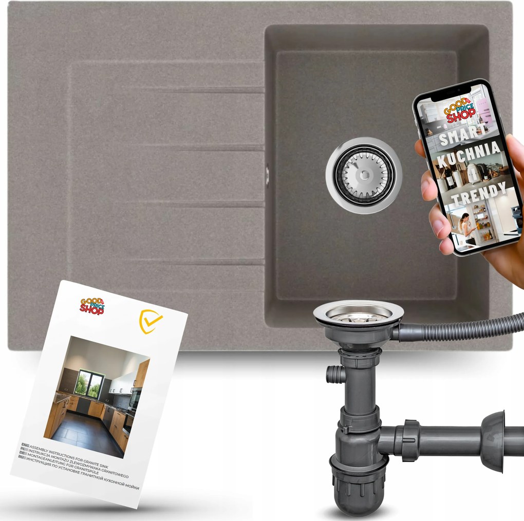 Egymedencés Gránit Mosogató Csepegtetővel Bézs Konyhai +szifon 3az1ben