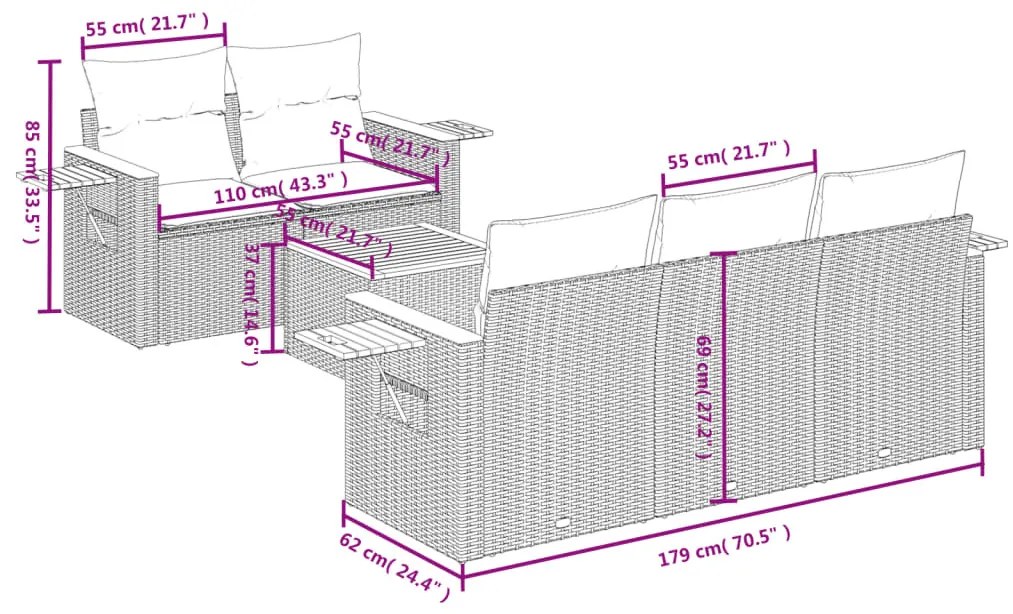 6 részes fekete polyrattan kerti ülőgarnitúra párnákkal