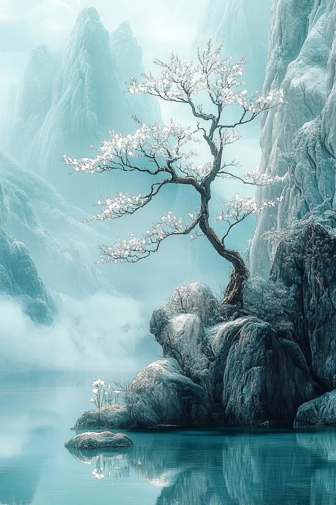 Vászonkép Canvas Keleti Cseresznye Hegyek Türkiz Japán Zen 40x60