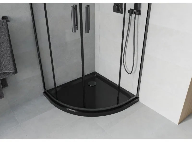 Mexen Rio, negyed kör alakú zuhanykabin tolóajtóval 90 x 90 cm, 5mm átlátszó üveg, fekete profil + fekete zuhanytálca, 863-090-090-70-00-4170B