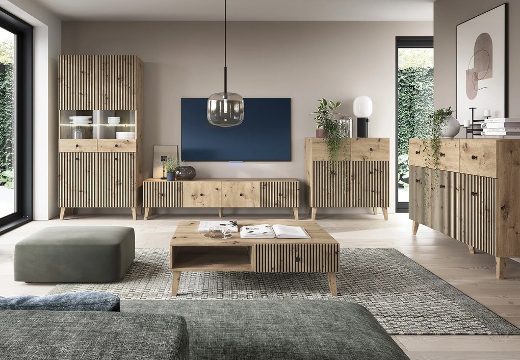 Mazzoni BERLINI 4D Vitrines szekrény Artisan Tölgy/Fekete - 2 AJTÓS SZEKRÉNY BORDÁZOTT ELŐLAPOKKAL