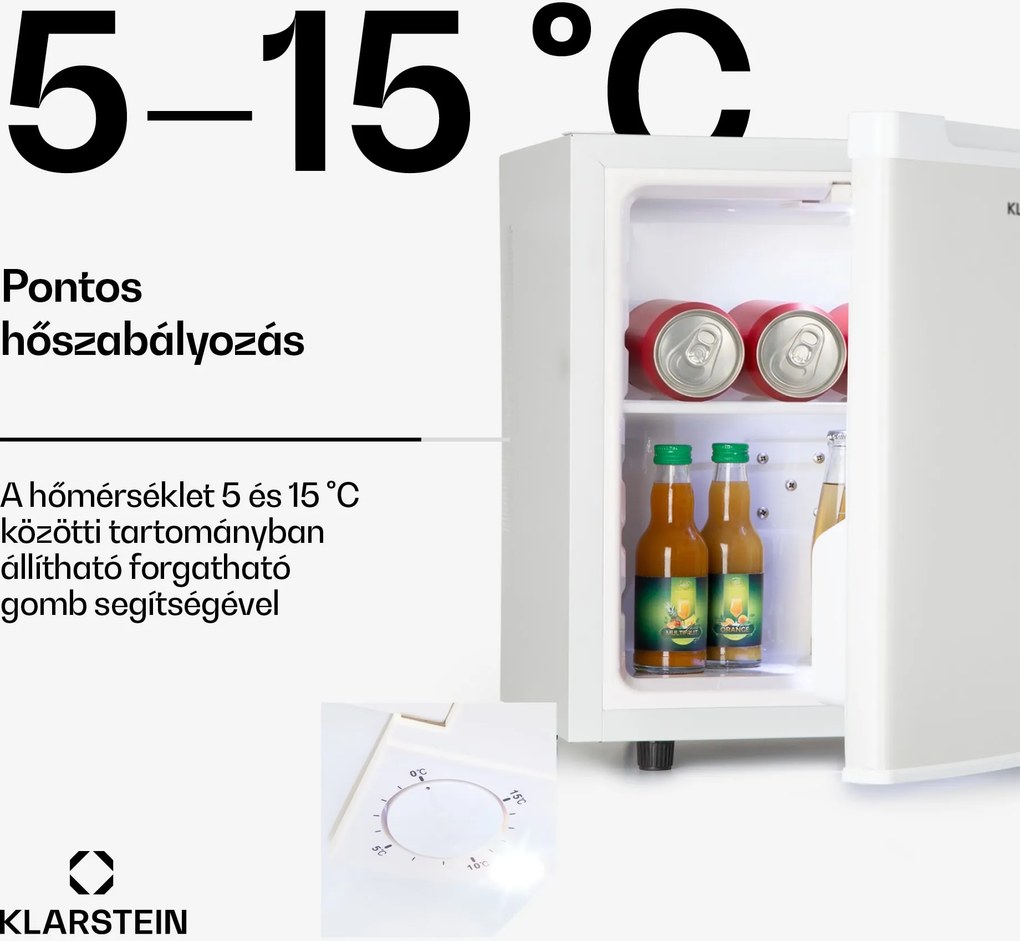 Klarstein Silent Cool, hűtőszekrény, 30 liter, Arctic-Fox Cooling, F energiahatékonysági osztály, fehér
