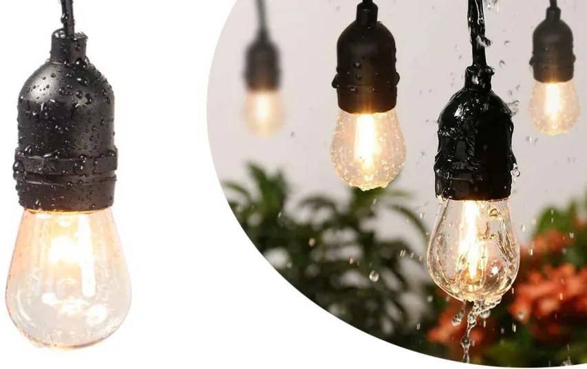 Vízálló dekor égősor, 15 db E27 LED lámpával, 14,6 m, melegfehér