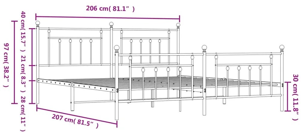 fehér fém ágykeret fej- és lábtámlával 200x200 cm