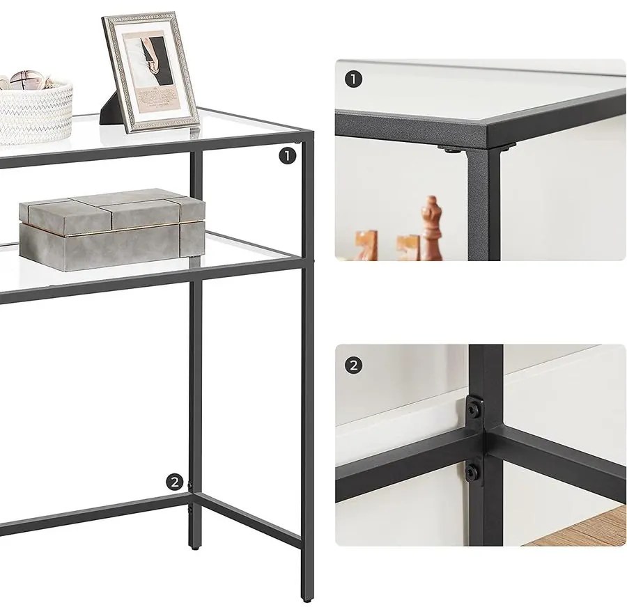 Konzolasztal 2 polccal, edzett üveg asztal fém kerettel, fekete | VASAGLE