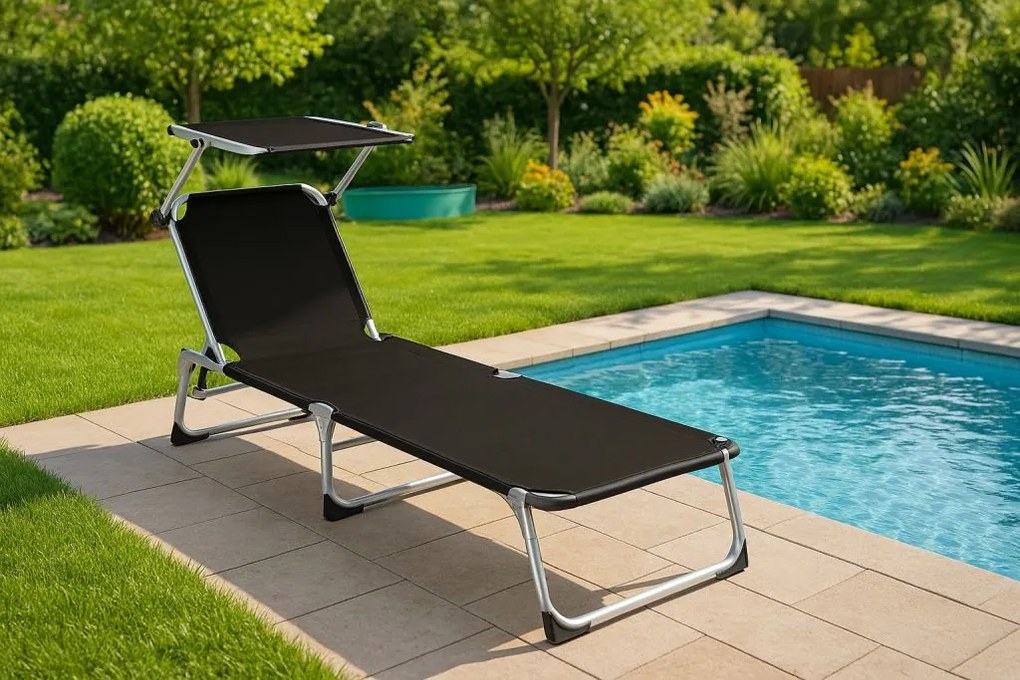 Kerti nyugágy  összecsukható napellenzős fekete 187 cm