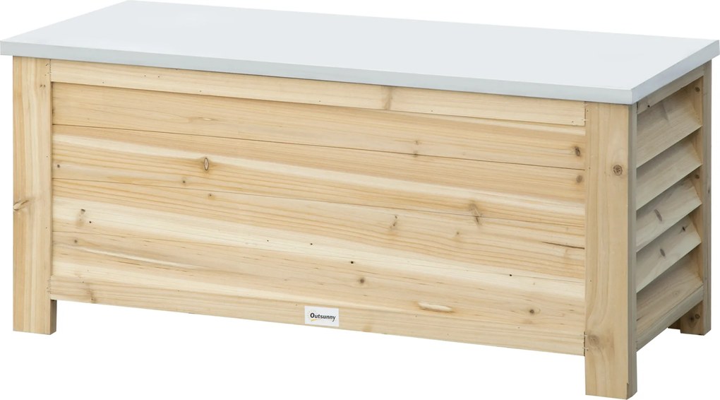 Outsunny Kültéri Kert Tároló Szekrény 155L Tárolódoboz Zárható Fémfedéllel és Lécezett Dizájnnal Teraszra, Erkélyre 110x50x50 cm Természetes Fa | Aoso