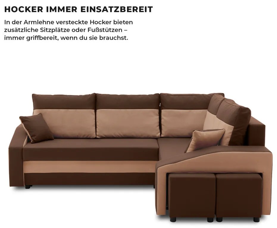 Grande sarokkanapé polcokkal és puffokkal , polc a bal karfaban puffok a jobb karfaban, jobboldali, szövet anyag, bonell töltet, barna