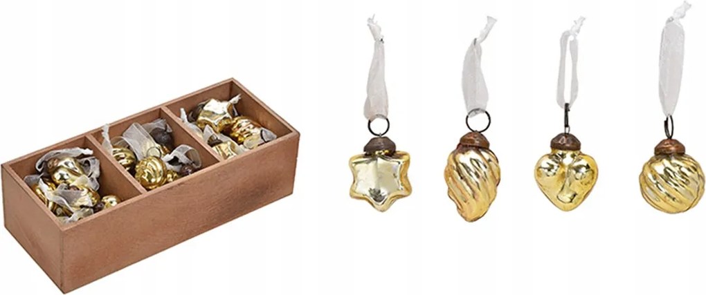 Kpl. 36 db arany karácsonyfadísz fa dobozban 25x5x9cm