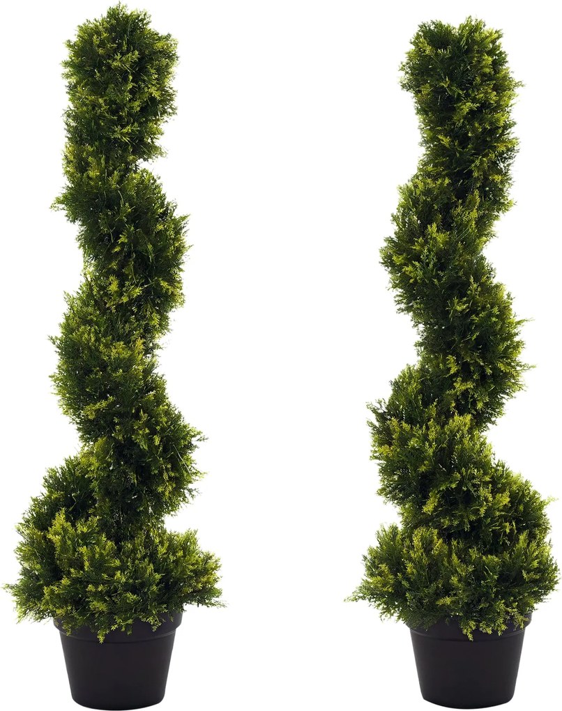 Outsunny 2 darab 90 cm-es nagy műanyag ciprusfa szett, műanyag ciprus növények cserépben, spirál alakú valósághű növény nappaliba, hálószobába, irodáb