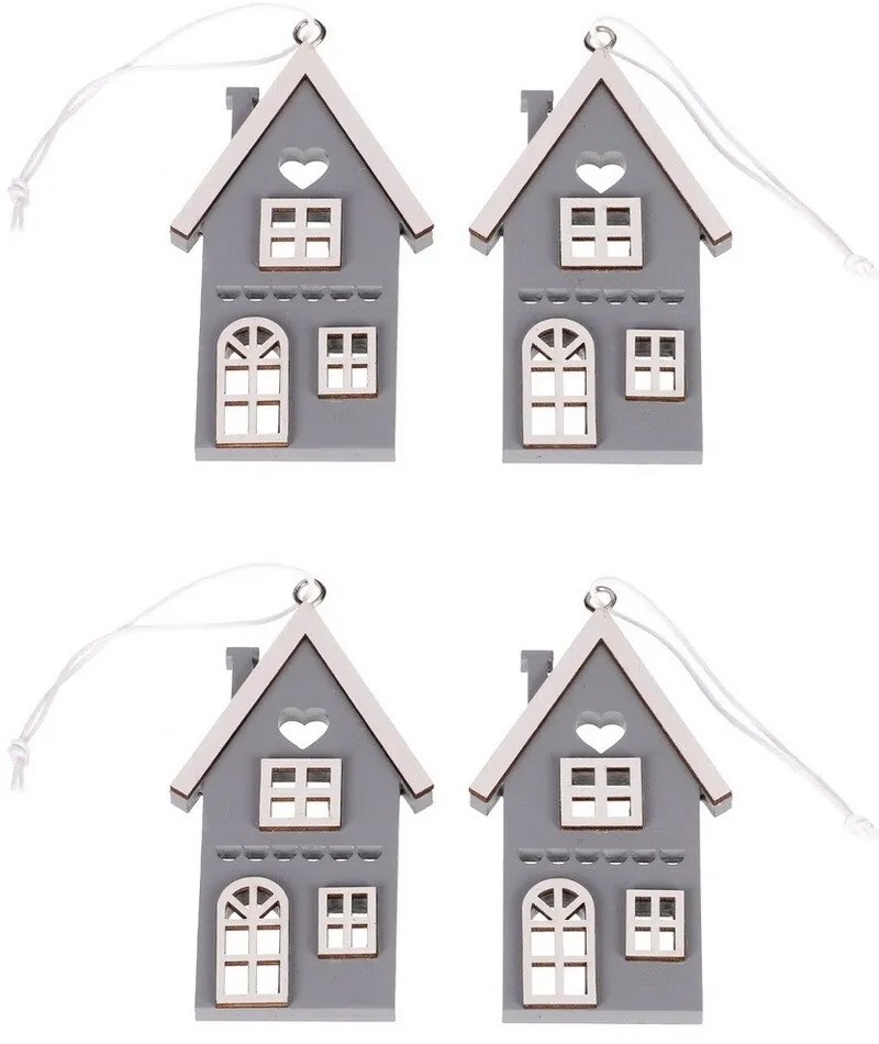 Függő fa házikó, szürke, magasság 9 cm, 4 db-oskészlet
