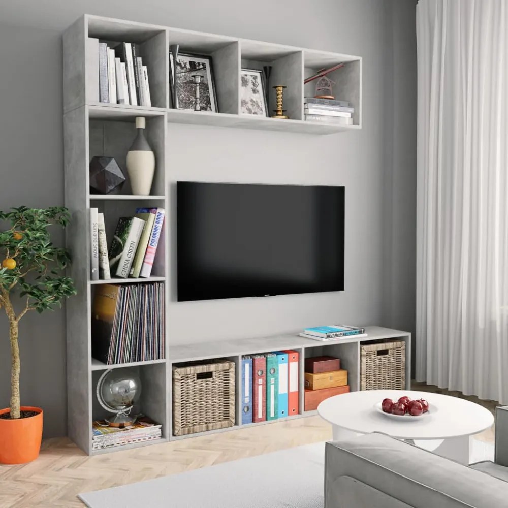 3-részes betonszürke könyv-/TV-szekrényszett 180 x 30 x 180 cm