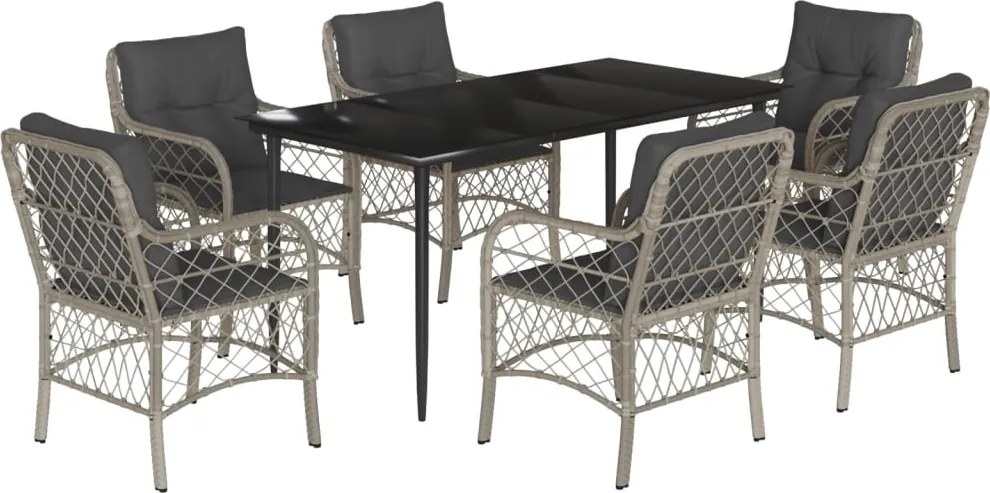 vidaXL 7 részes világosszürke polyrattan kerti étkezőszett párnával