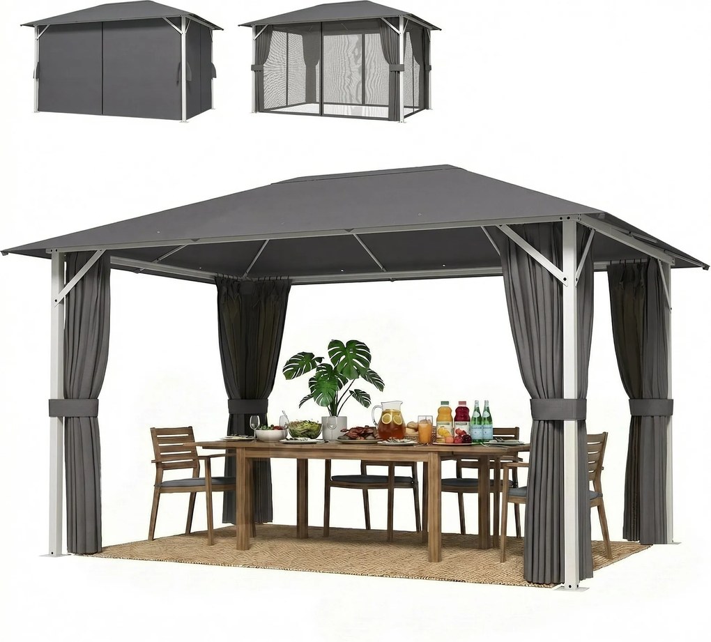 Outsunny kerti pavilon kb. 4 x 3 m, vízálló, masszív és télálló pavilon szúnyoghálóval, 4 oldalfallal, szellőzéssel és vízelvezetéssel, UPF50+ — sötét