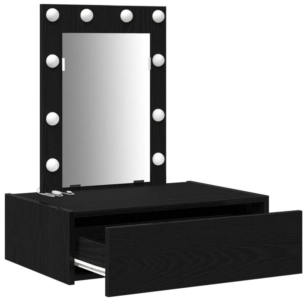 vidaXL Öltözködőasztal tükör lámpákkal Fekete 60 x 40 x 70 cm Faanyag
