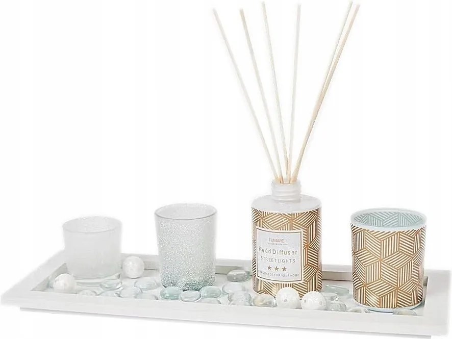 Illatszett pálcikákkal 3 db gyertyatartó tálcán fehér-arany, glamour