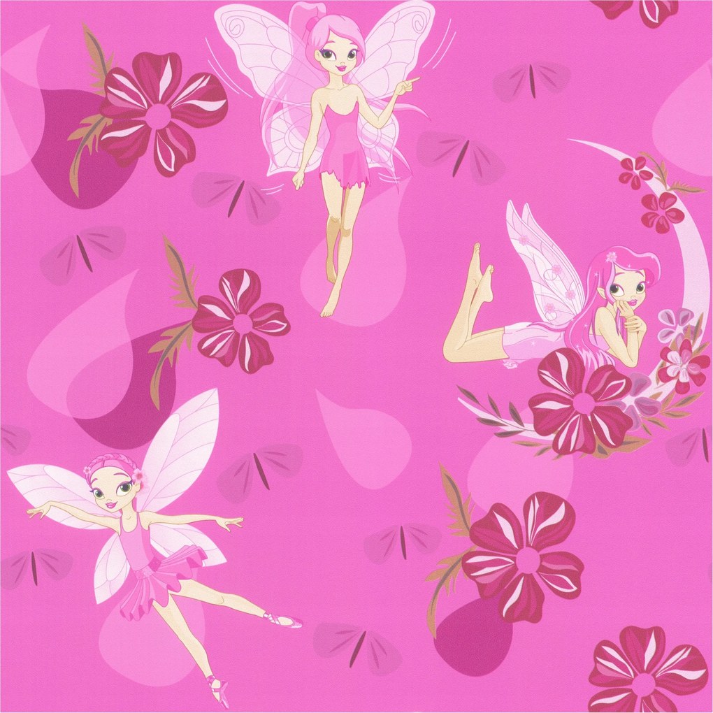 Gyerek fali tapéta rózsaszín árnyalatokban, repülő tündérek motívummal