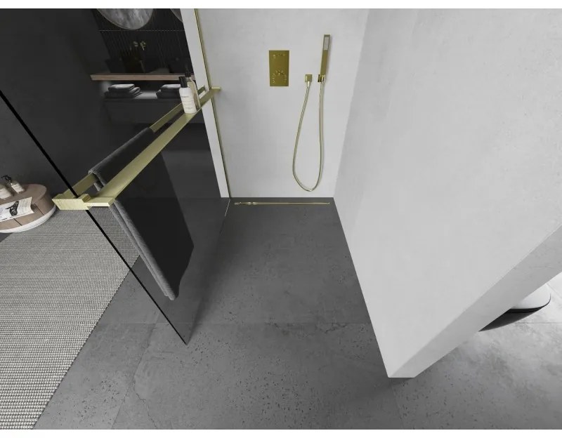 Mexen Kioto+, Walk-In zuhanyparaván polccal és akasztóval 90 x 200 cm, 8 mm átlátszó üveg, arany matt profil, 800-090-121-55-00