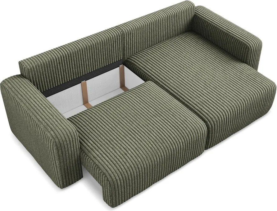 Zöld kordbársony kinyitható-tárolóhelyes sarokkanapé (jobb oldali-heverő résszel) Kona – Makamii
