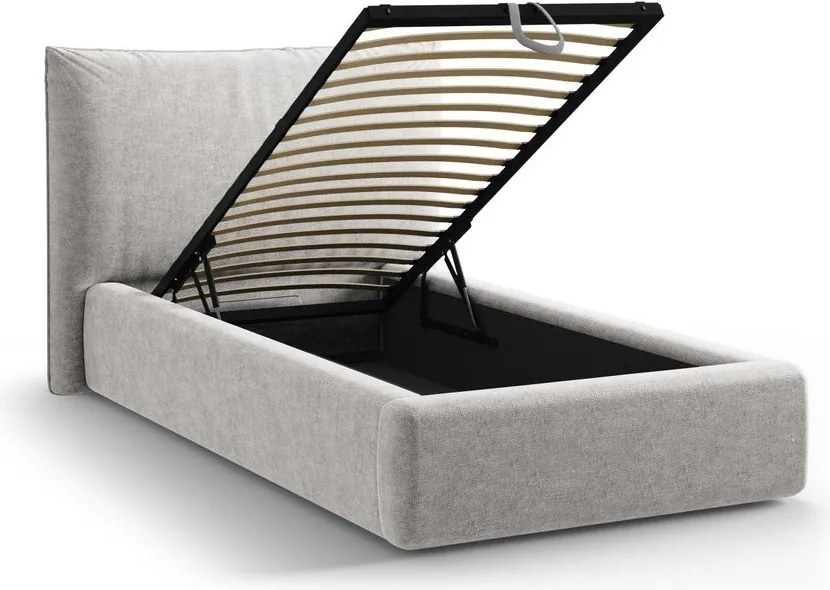 Világosszürke kárpitozott ágyneműtartós egyszemélyes ágy ágyráccsal 90x200 cm Kaelle – Micadoni