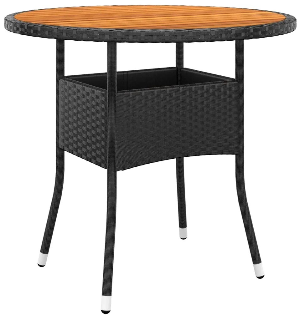 3 részes fekete polyrattan és tömör fa kerti bisztrószett