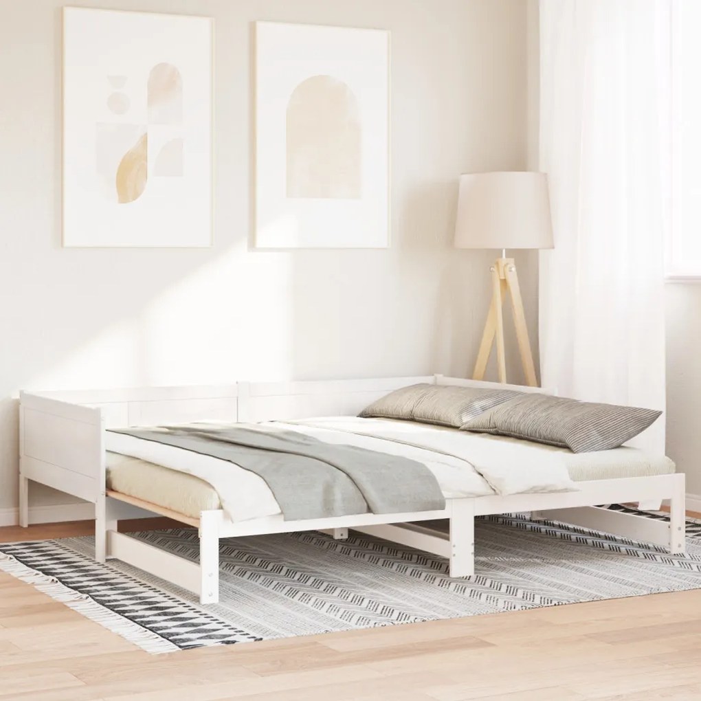 Kihúzható Nappali Ágy Fehér 90x200 cm Tömör Fa Fenyő