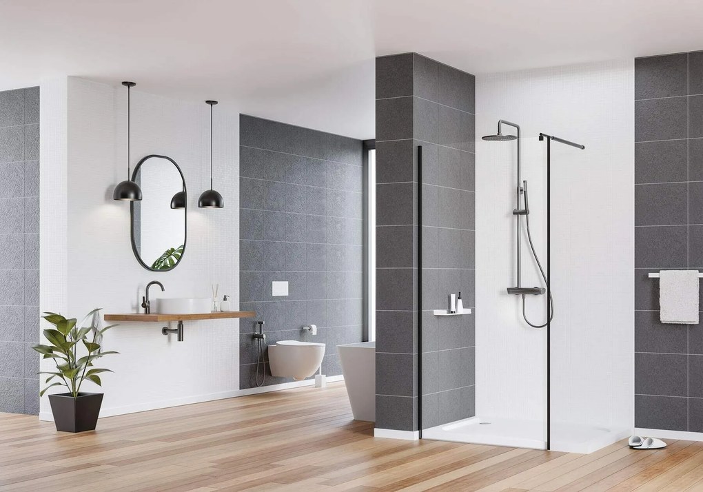 Deante Kerria Plus, Walk-in zuhany paraván 80cm, magasság 200cm, 6mm átlátszó üveg ActiveCoverrel, fekete profil, KTS_N38P