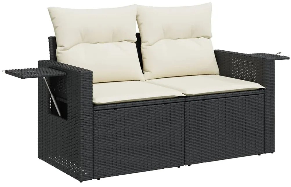 2 személyes fekete polyrattan kerti kanapé párnával