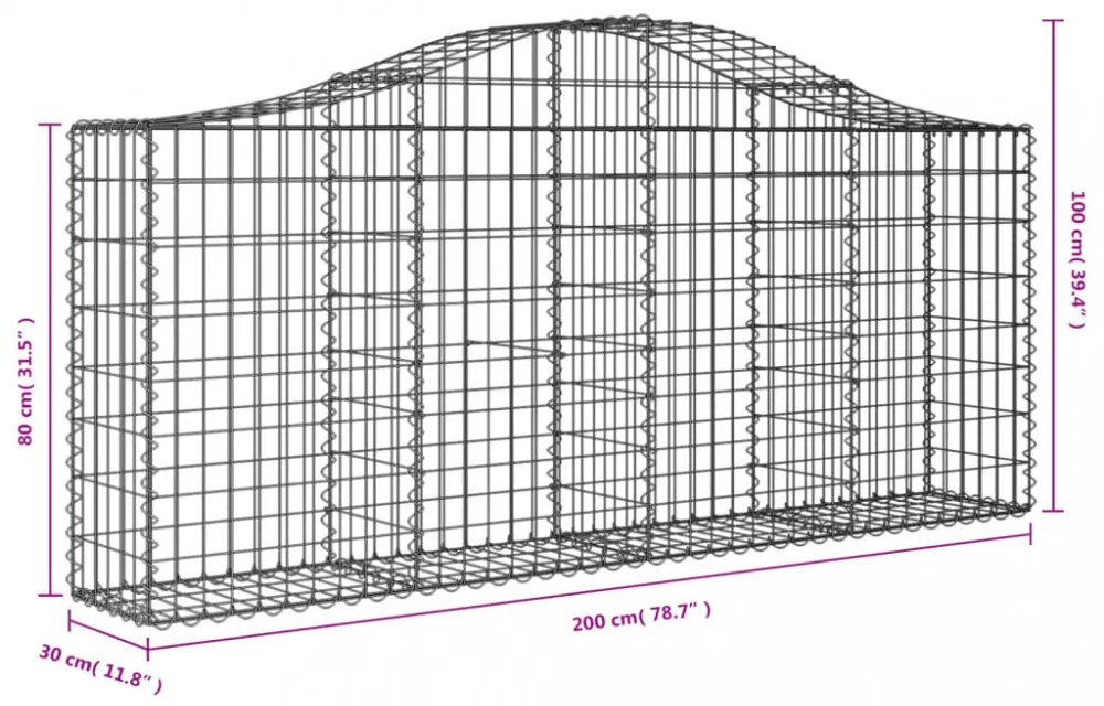 6 db íves horganyzott vas gabion kosár 200x30x80/100 cm
