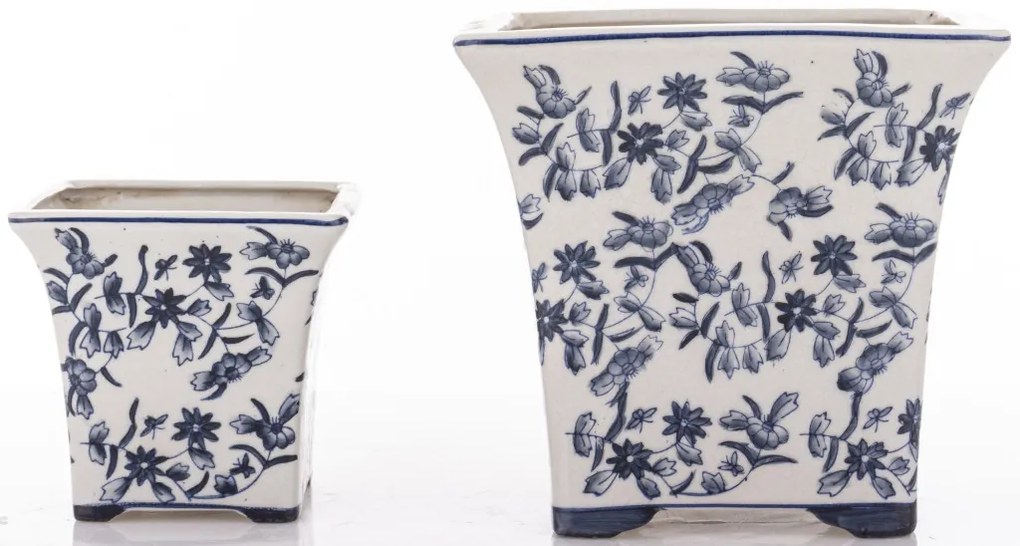 Törtfehér vintage szögletes porcelán 2db-os virágtartó kaspó szett kék virágokkal festve 11x12x12 / 17,5x18,5x18,5cm