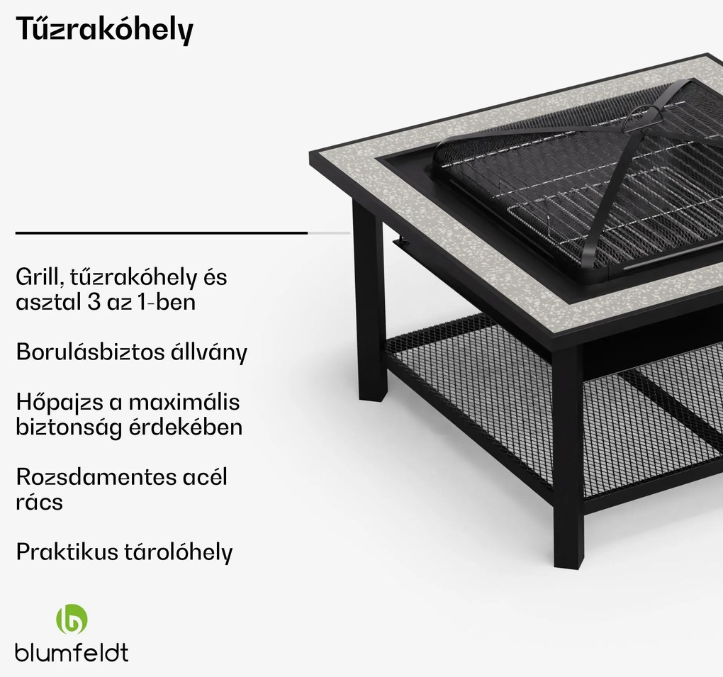 Blumfeldt Merano Avanzato 3 az 1-ben, tűzrakóhely grill funkcióval, asztalként is használható, 87 x 87 cm