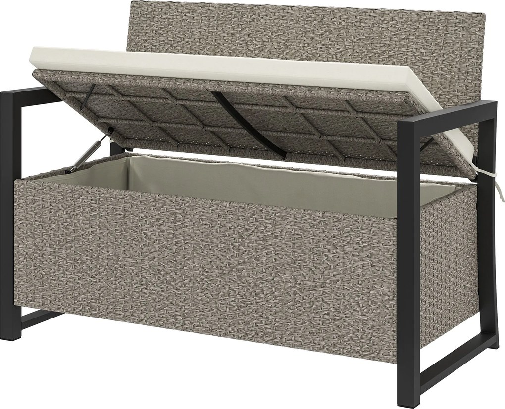 Outsunny 2 személyes rattan tárolópad 151,5L rekesszel, kültéri tárolópad háttámlával és karfákkal, kertipad mosható párnával, krém színben | Aosom