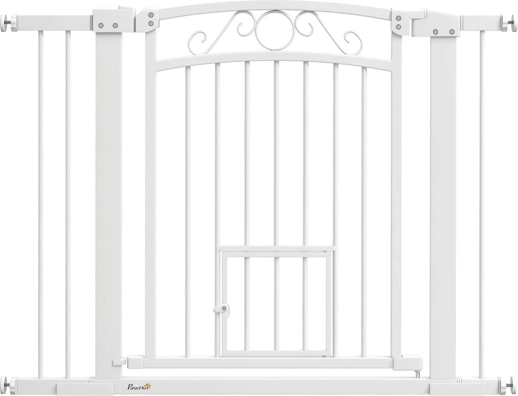 PawHut Belső Kutyabiztonsági Ajtó, Kutyaporta 2 Kiterjesztéssel 76-104 cm és Macskanyílással, Magassága 77 cm, Folyosóra és Lépcsőre, Fehér | Aosom