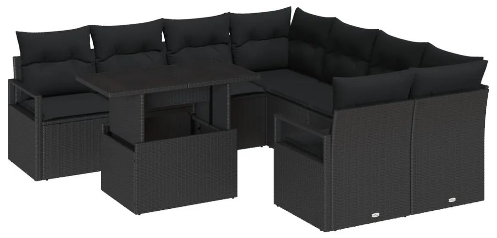 9 Darabos Kerti Sofa Szett Párnákkal Fekete Poli Rattanban, 2-Fős Kerti Sofa Tárhelyes &amp; Párnákkal Fekete Poli Rattanban
