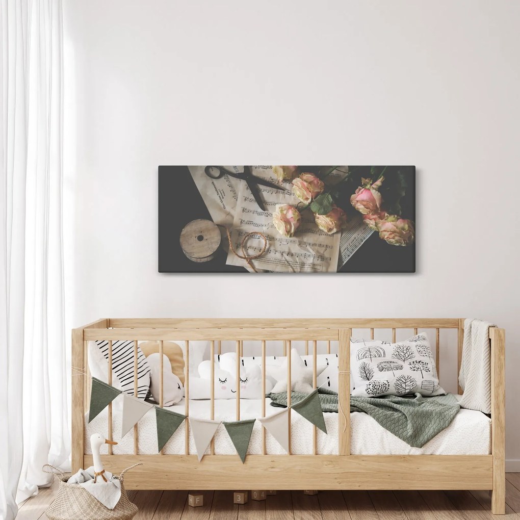 A zenei jegyzetek és a rózsák képe (120x50 cm)