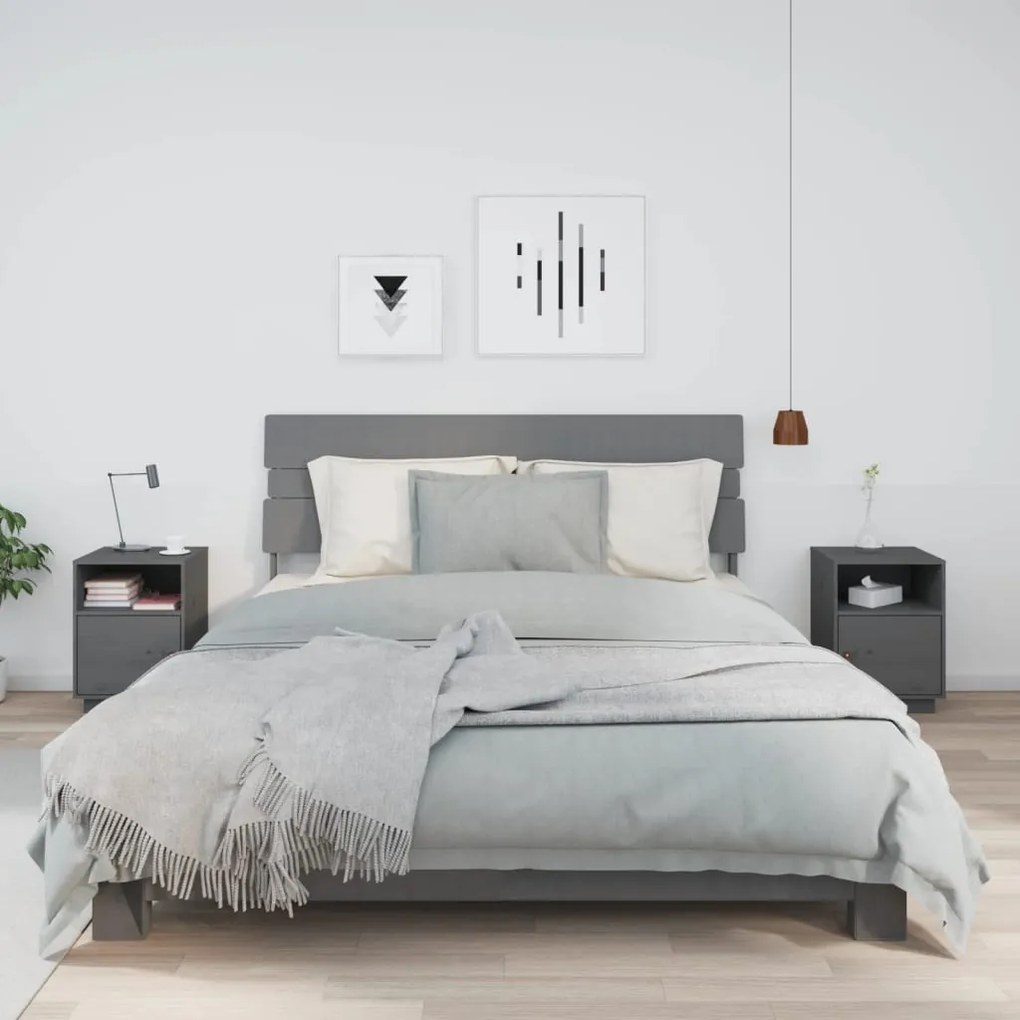 2 db szürke tömör fenyőfa éjjeliszekrény 40 x 34 x 55 cm